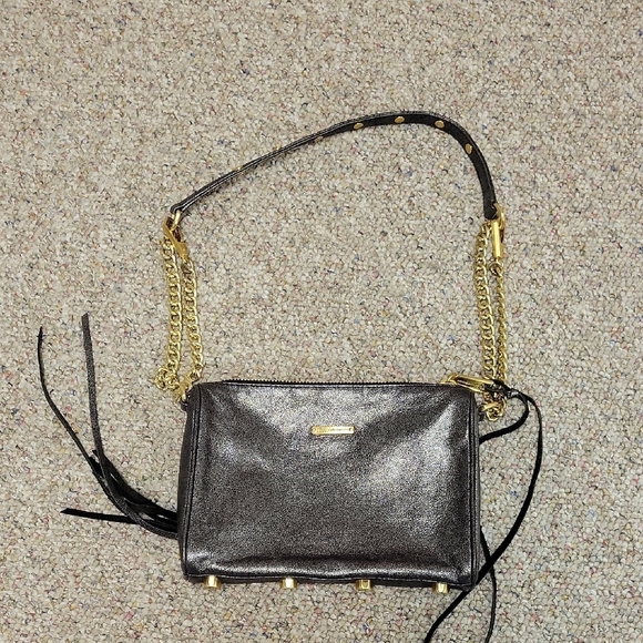 Rebecca Minkoff Grey Metallic Shoulder Bag with Gold Accents Leather